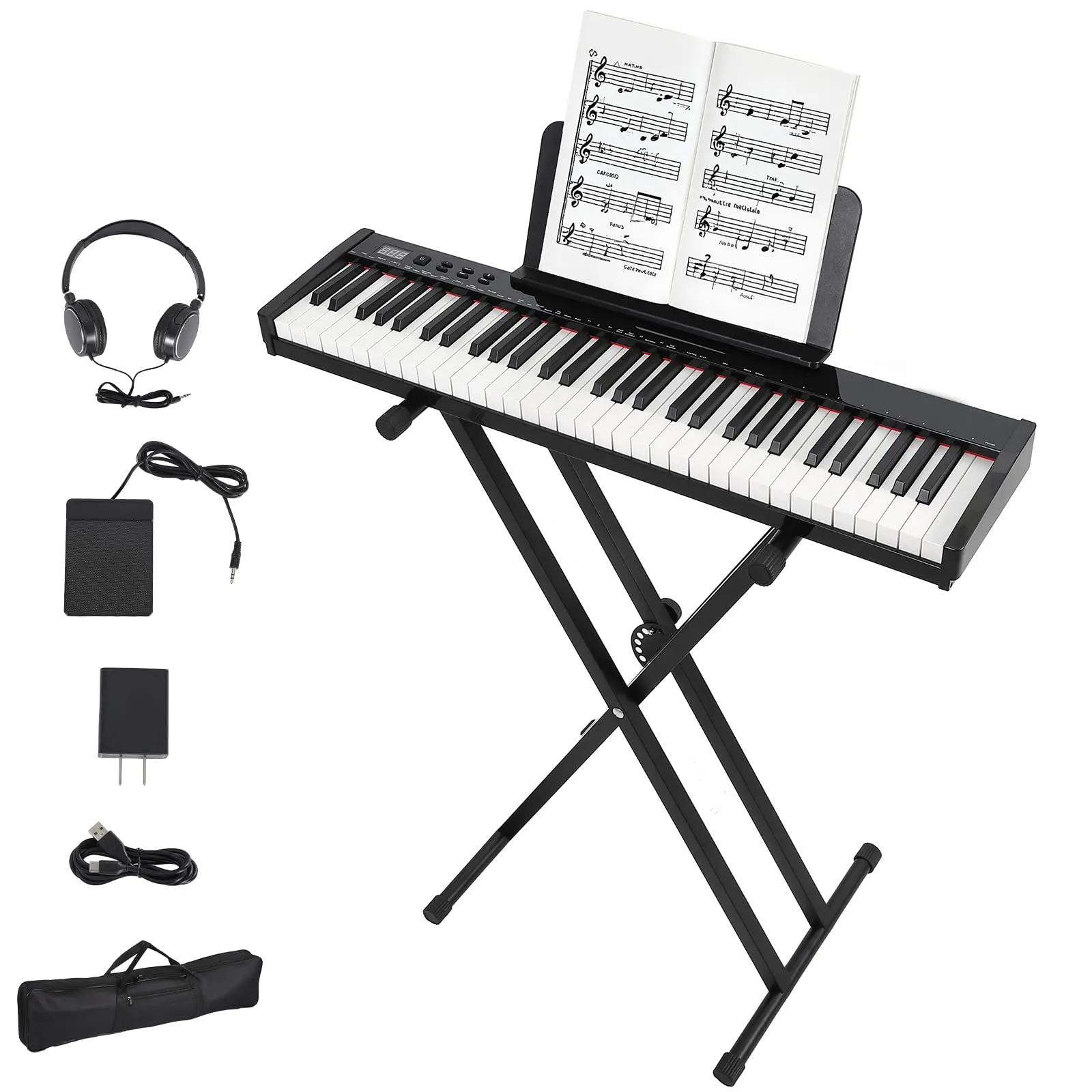 61-Key Semi-Weighted Digital Piano Keyboard for Beginners & Music Learning - 128 Tones, 128 Rhythms, 80 Sample Songs, USB MIDI Port, Stand, Power Adapter - Portable Black Piano