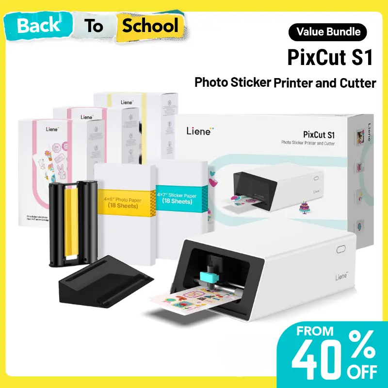 Liene PixCut S1 All-in-One Color Sticker Printer & Cutting Machine, Sticker Maker for DIY Crafts, Custom Labels & Gifts, Thermal Dye-Sublimation Photo Printer, 300 DPI, Color Label Maker, Precise AI Auto-Cutting, Back to School, Dorm Decor