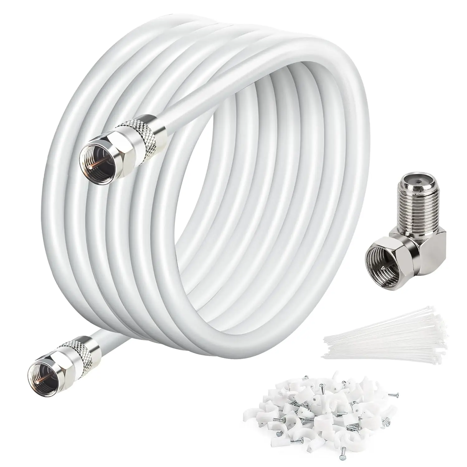 15 Ft RG6 Coaxial Coax  Connectors Set, Quad Shielded High-Speed Internet 3 GHZ, Broadband Digital TV Aerial, Soft   Extension Double Rubber O-Ring+ Adapter+Ties+Clips-White