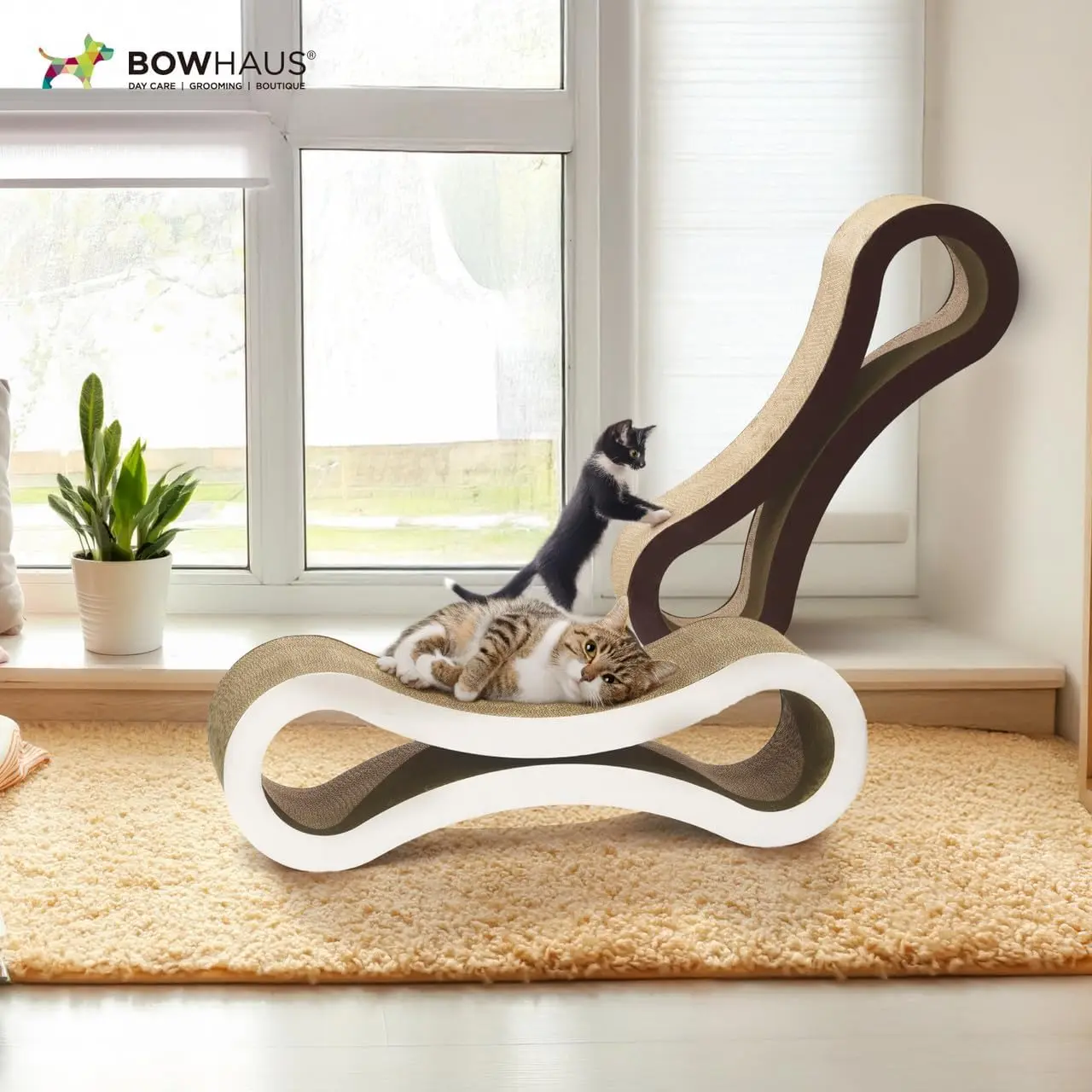 BOWHAUS Infinity Cat Scratcher Lounger, Reversible Scratcher, Large Cat Scratching Pad, Cat Scratching Board, Scratch Pad for Indoor Cats, Brown/White