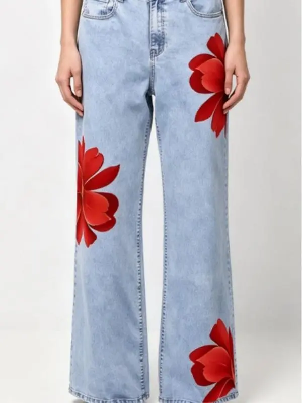 Baggy Flare Floral Jeans, Unisex High-Rise Streetwear with Asymmetrical Red Flower Digital Print, Soft Denim Wide Leg Pants, Loose Fits, Oversized, Casual, Graphic