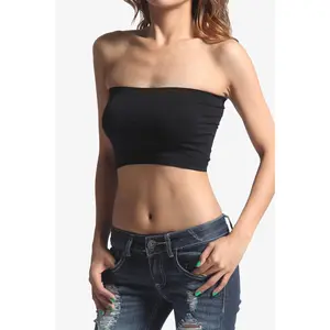 TheMogan Wendi Seamless Crop Bandeau - Basic Cropped Soft Strapless Bra Top with Ribbed Trim