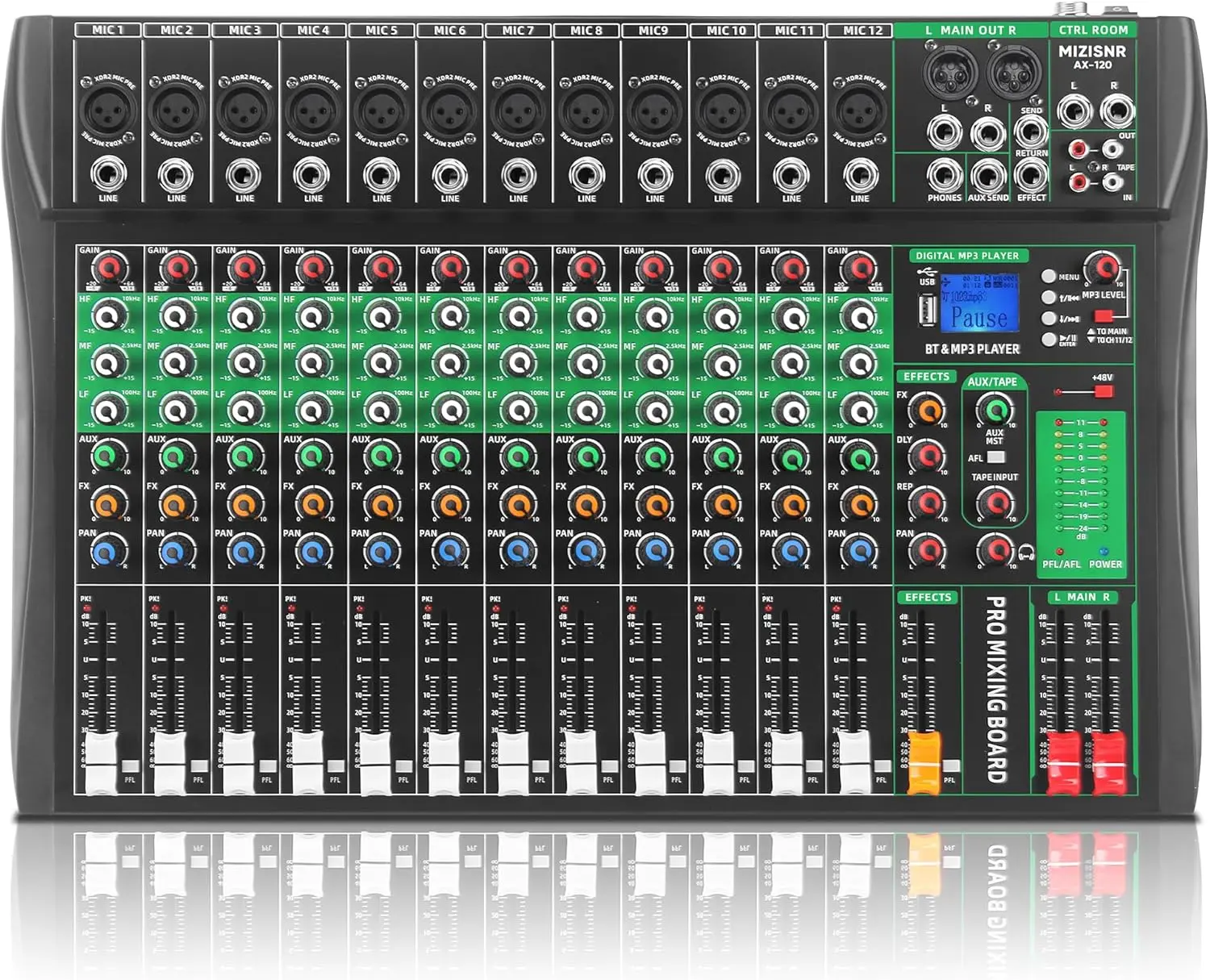 12 Channel Audio Mixer, Professional DJ Mixer Board Sound Music Mixing Console Digital Mixer with Reverb, Bluetooth, USB Port, 48V Phantom Power for Recording Karaoke Podcasting Stereo Smartphone Lcd Wireless