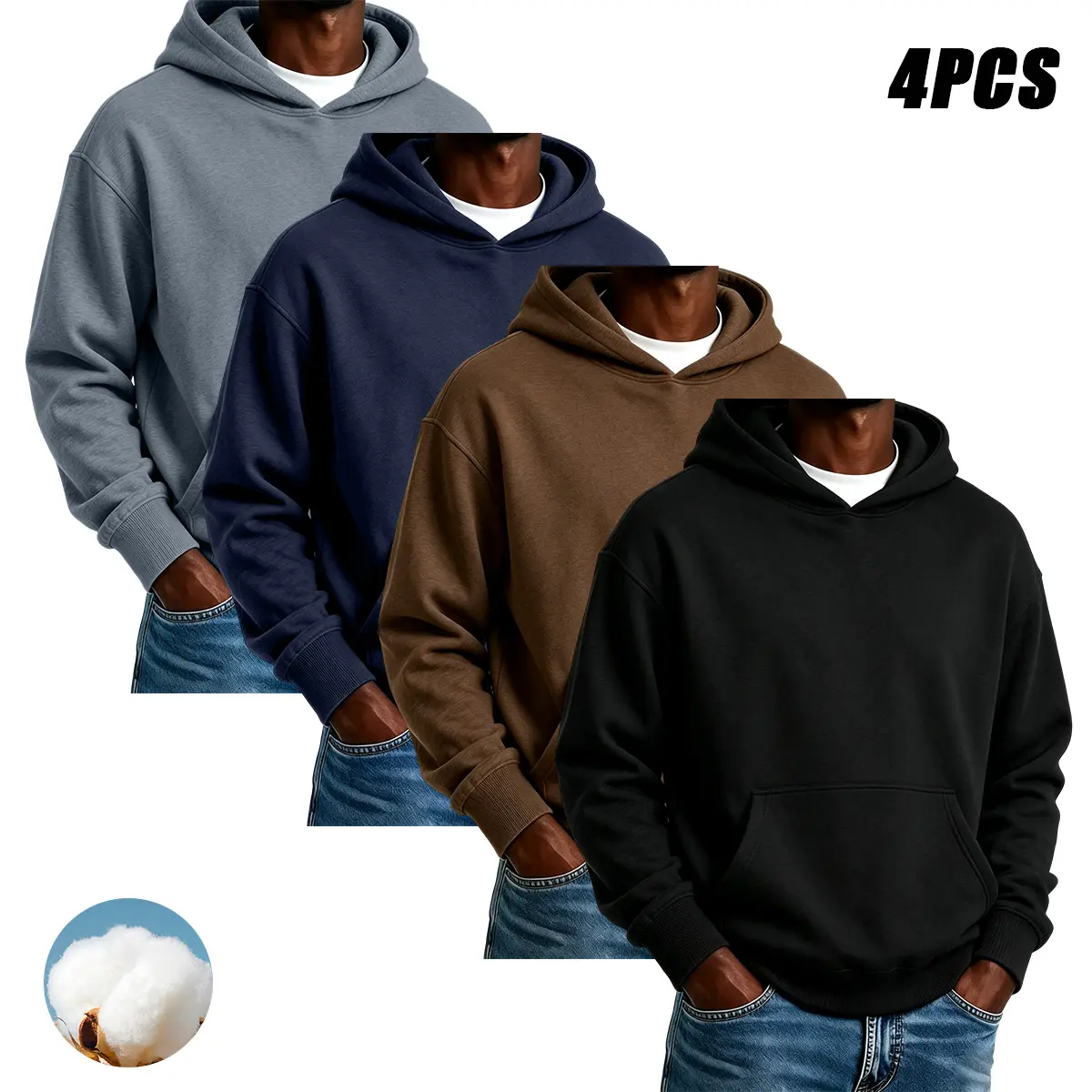 4PCS men’s hoodies, long-sleeve pullover hoodies, soft and breathable for everyday comfort, street-style hoodies, casual fashion tops suitable for daily wear