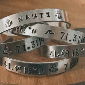 Aluminum Hand Stamped Cuff Bracelet with Nautical Coordinates and Anchor Design for Stylish Accessory