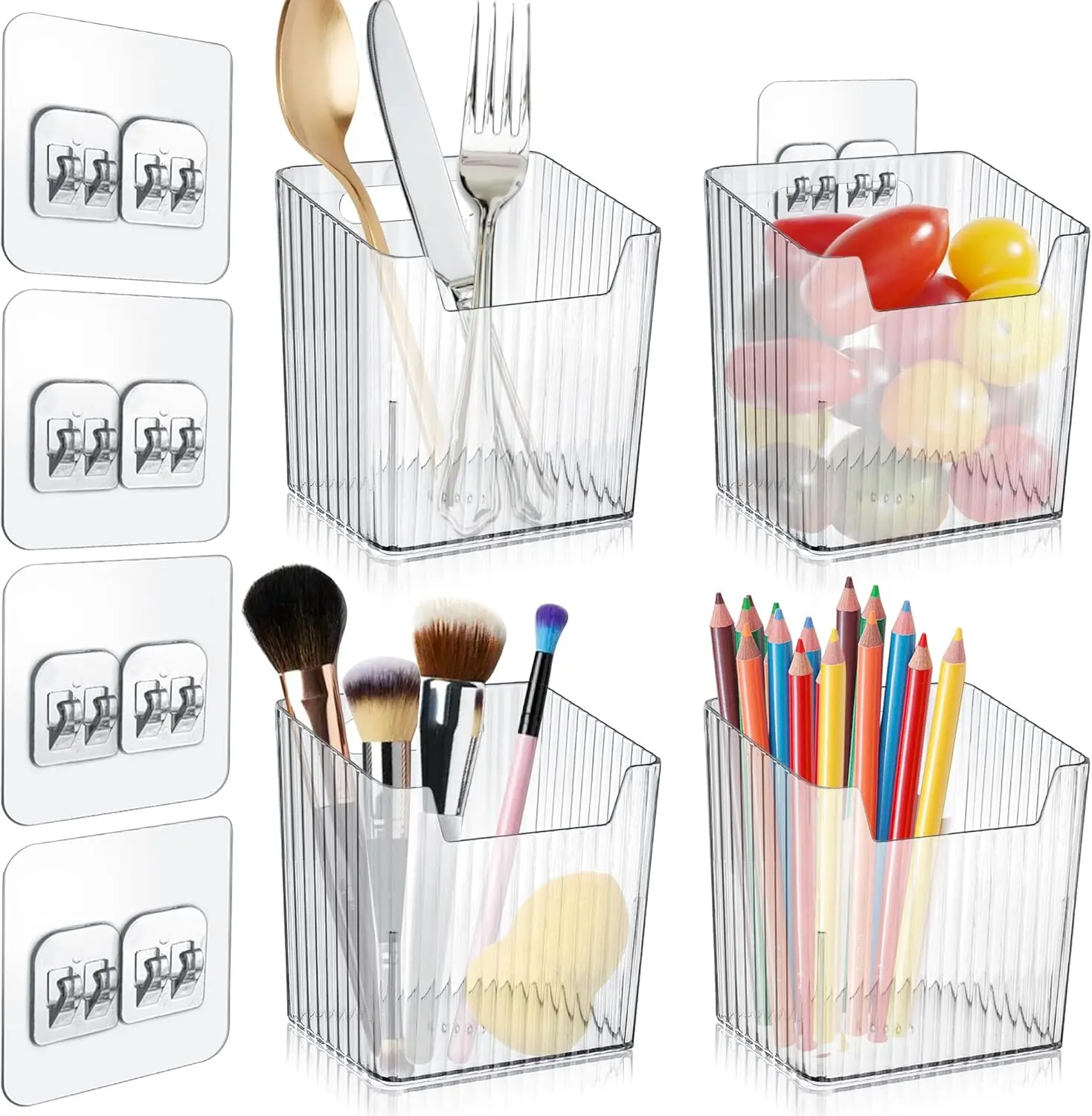 4 Pack Clear Wall Mount Organizer Bins, Adhesive Acrylic Storage Containers for Cabinet Doors, Bathroom, Kitchen, Pantry & Office Organization