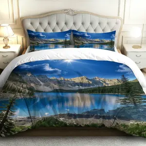 3PCS Duvet Cover Set, 1 Duvet+2 Pillowcases(Without filler), Mountain Lake Scenic Nature Outdoor Adventure theme, Christmas bedding set, Landscape Printed Suitable for decoration Bedroom, Guest Room, Cottage, Lodge.
