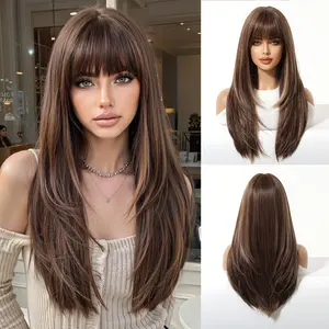 Wiglassic Layered Straight Wig With Bangs 22inch Straight Wig Synthetic Heat Resistant Fiber Wig for Beginners Daily&Pary wigs Cosplay Springtok