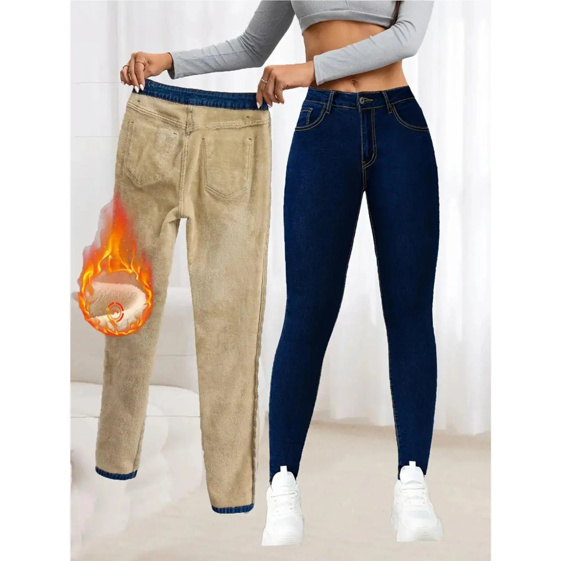 Women's High-Waisted Fitted Wool-Lined Denim Pants - Cotton-Viscose Blend Preppy Clothes for Women's Bottoms