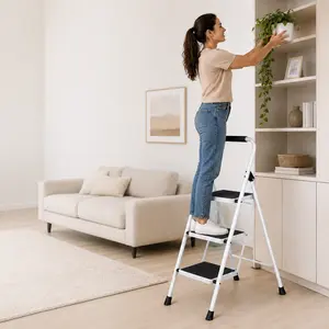 3-Step Folding Ladder with Safety Buckle, Portable Household Step Stool, Stable Anti-Slip Step Ladder for Kitchen, Closet, Garage, Storage Room & Indoor Home Use, Space-Saving Foldable Utility Ladder