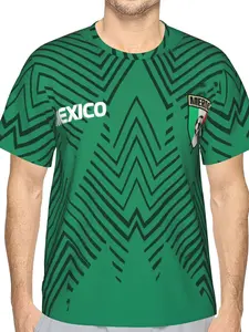 Men's 3D Digital Printed Mexico National Team Soccer Jersey, Green Black Geometric V-Shape Pattern with Embroidered Crest, Short Sleeve Crew Neck Athletic Top, Lightweight Breathable Polyester Fabric, Ideal for Sports Training and Daily Casual Wear,