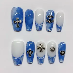 [Jeans] Medium Coffin Handmade Press on Nails, Fake Nails with Nail tool kit with Jelly Stickers, Reusable, Durable