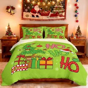 Christmas-themed 3-piece bedroom bedding set (1 duvet cover + 2 pillowcases, no insert) featuring a green color scheme, a crooked Christmas tree, Santa hat, HOHOHO logo, and snowflake prints.