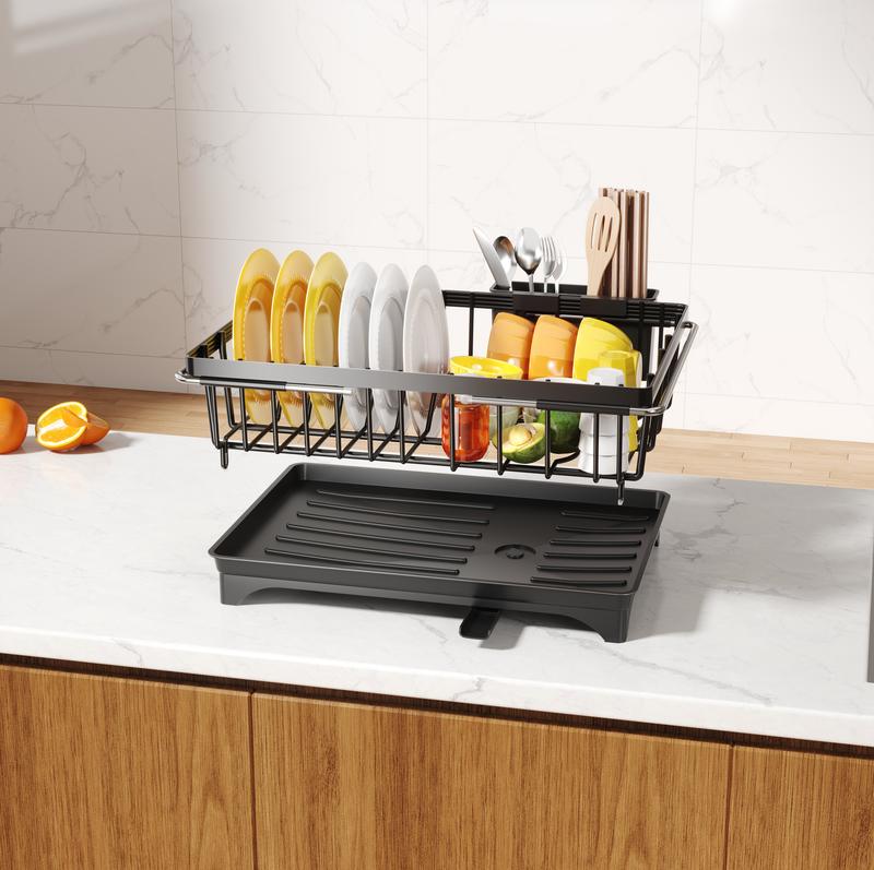 MiAoLi Over the Sink Expandable Dish Drainer Drying Rack In Stainless Steel for Small Kitchen, Counter Space Saving Modern Compact Metal Above Plate Dryer Strainer, Adjustable Hanging Inside Drain Holder