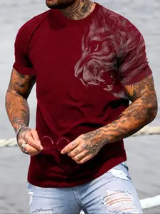 Men's Lion Print Round Neck Tee, Loose Casual Short Sleeve Crew Neck T-shirt for Summer, Fashion Men's Top for Daily Wear, Gym Shirts, Athletic Crew Neck, Gym Tees