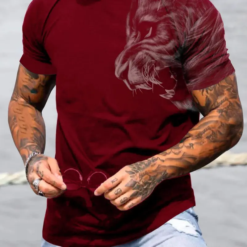 Men's Lion Print Round Neck Tee, Loose Casual Short Sleeve Crew Neck T-shirt for Summer, Fashion Men's Top for Daily Wear, Gym Shirts, Athletic Crew Neck, Gym Tees, Casual Sports Tops, Short Sleeved