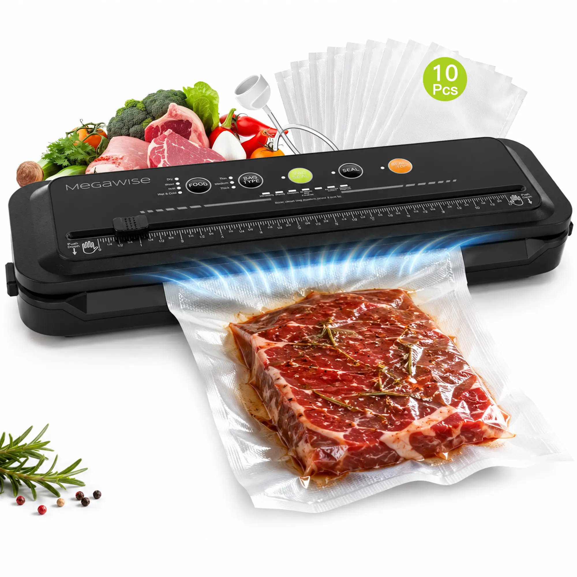 MEGAWISE Food Vacuum Sealer Machine, 80kPa Automatic Sealer with Built-in Cutter, Dry & Moist Modes, External Vacuum System, 10 Bags, Compact 1-Touch Design, Black