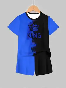 King Blue Colorblock Cool Set, Dominant Style Two-Piece, Casual Asymmetrical Design, Short Sleeve Tee & Shorts