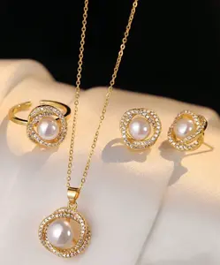 4pcs Stainless Steel Jewelry Set Includes Necklace, Earrings, Ring, Vintage Elegant Faux Pearl Necklace Decor With Rhinestone Rose Petals