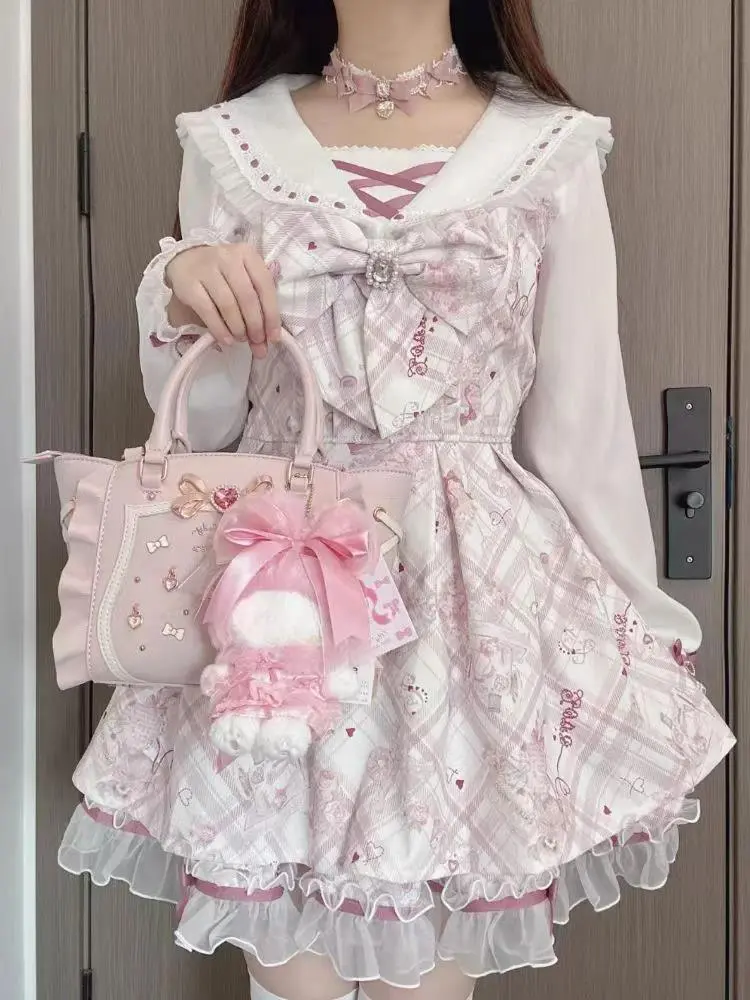 Japanese Sweet Lolita Kawaii Dress Women Spring Printed Bow Fake Two Piece Dress Female Korea Style Design Party Clothing