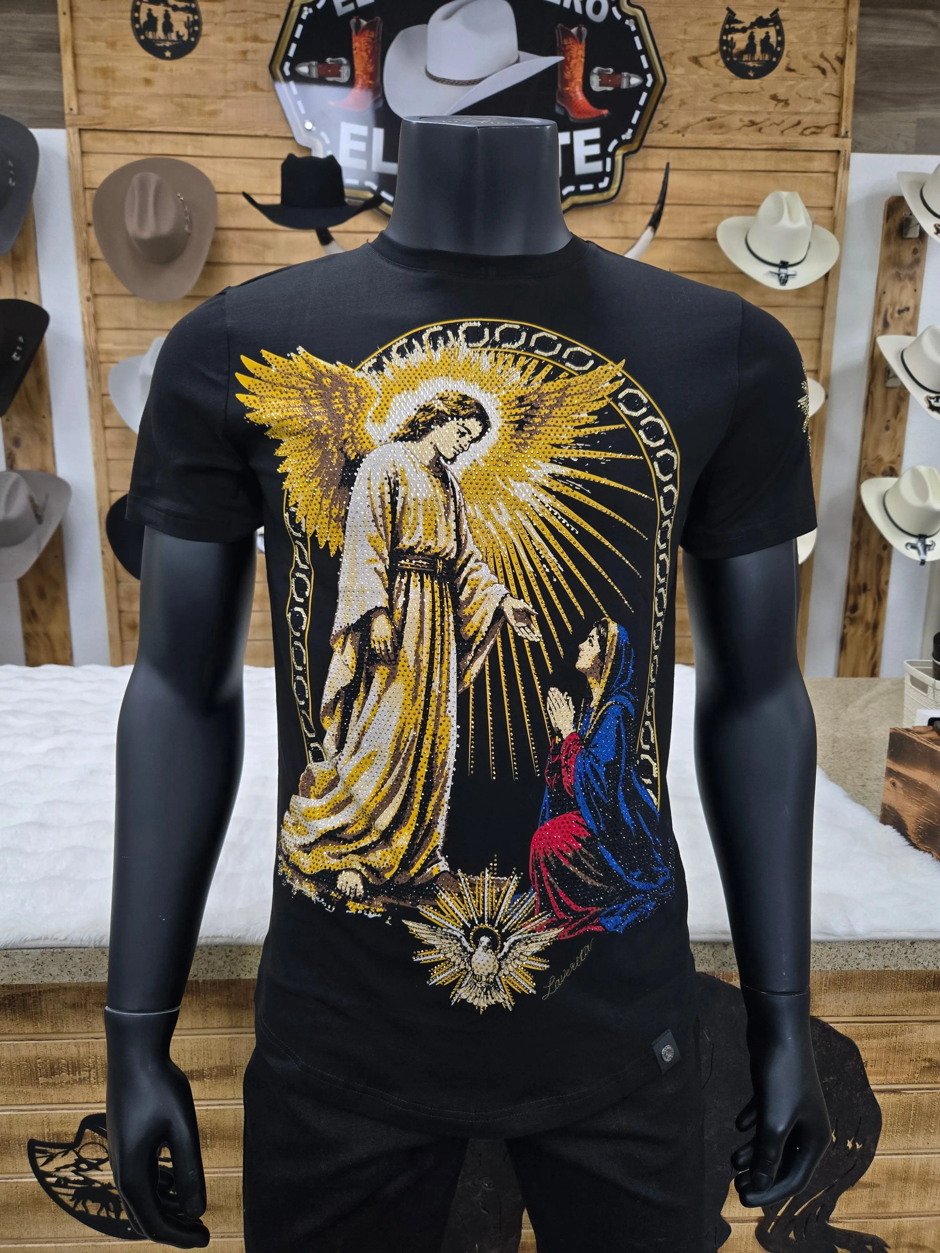 Mens Archangel Gabriel Rhinestone Slim Fit Shirt (SIZE UP, GARREN UNA TALLA MAS GRANDE) - Black