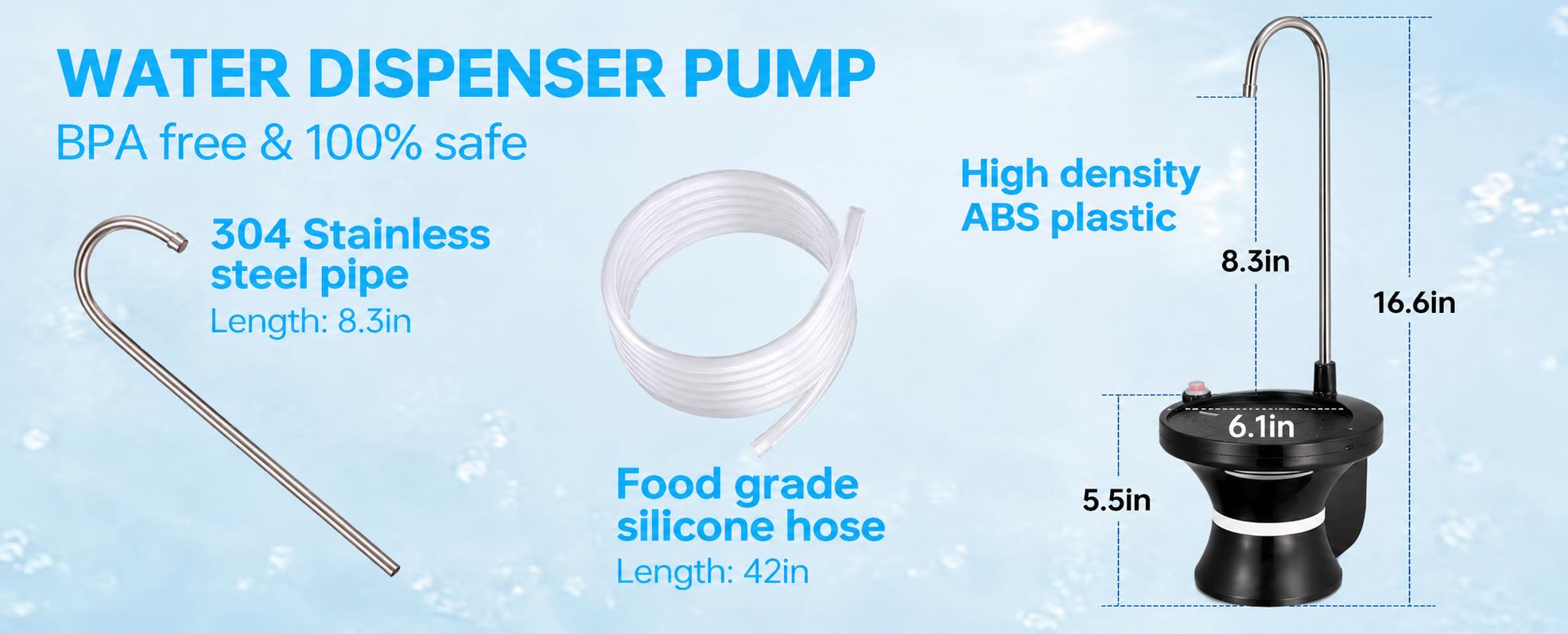 Water Dispenser for 5 Gallon Bottle, Rechargeable USB Water Pump with Automatic & Manual Dispensing Modes, Fits 2-5 Gallon Bottles, Bottle & Countertop Use, Large Tray, Stainless Steel Spout, BPA-Free Silicone Tube for Home, Office & Camping