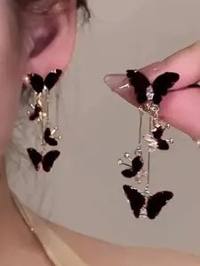 1 Pair Of Chic Trendy Elegant Black Butterfly Long Tassel Statement Earrings, Versatile For Everyday Wear