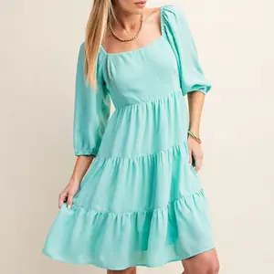 Feelin' Fresh Mint Dress with Puffed Sleeves and Tiered Skirt