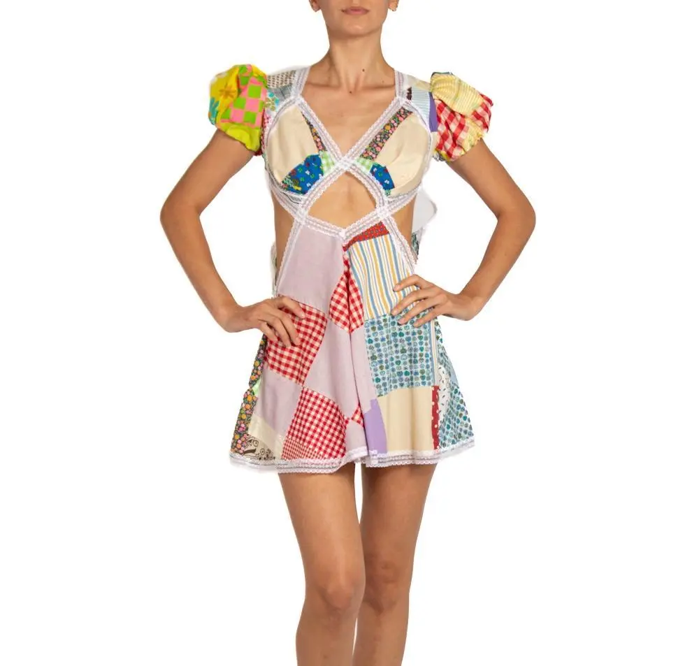 MORPHEW COLLECTION Multicolor Cotton & Vintage Lace Patchwork Quilt Dress