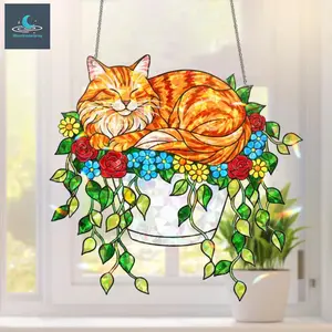 Sleeping Orange Cat Acrylic Hologram Window Hanging, Cat Suncatcher, Floral Plant Decor, Gift for Cat Lovers