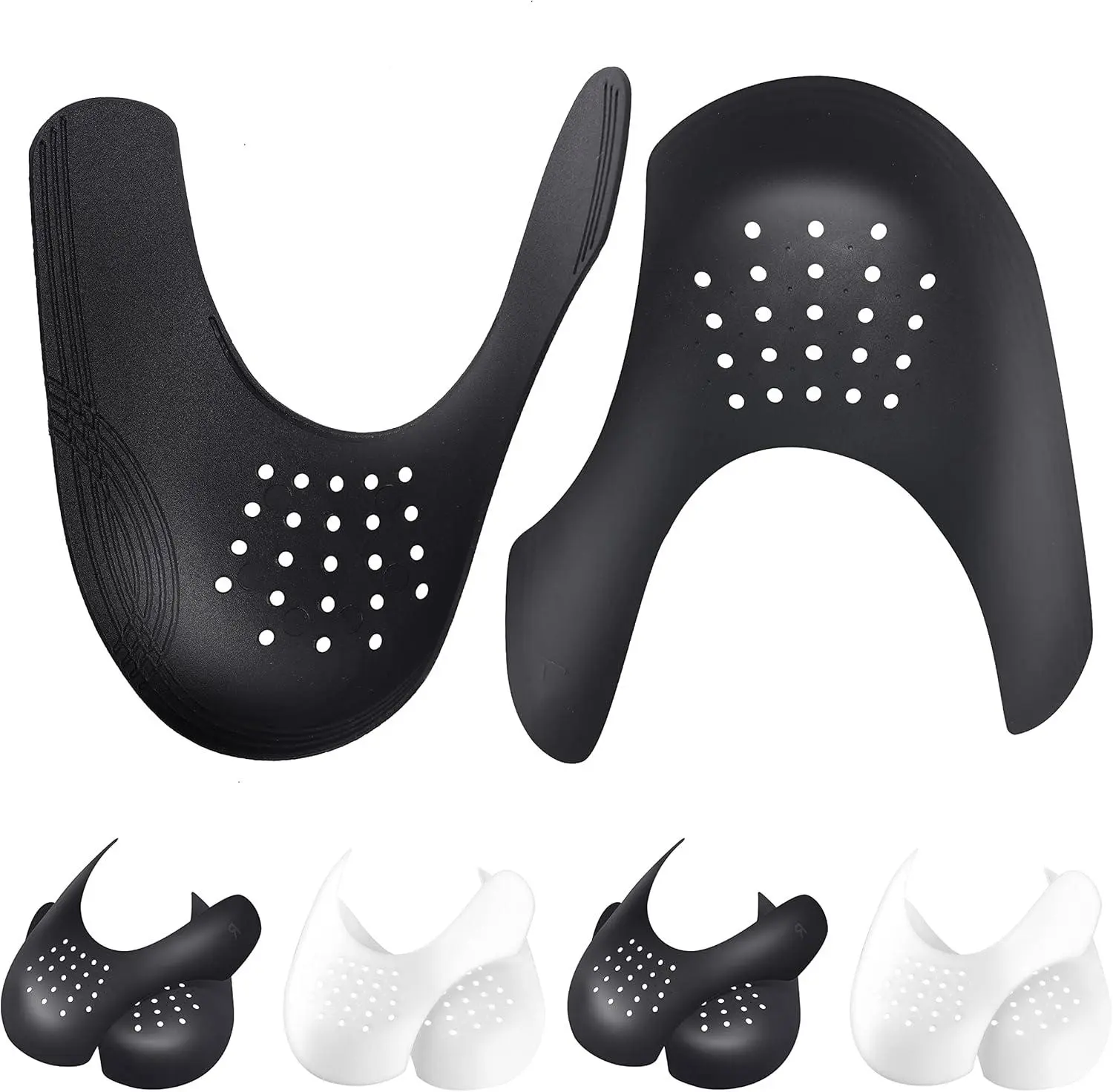 Rishoesu Anti-Creased Footwear Toe Guards, Lightweight Ergonomically Designed Ventilated Dry Cut-to-Fit Protectors (4 Pairs, Black+White) for Men/Women’s Jordan 1, Air Force 1, Dunk Low & Most Sneakers (US 5-8.5 Women’s)