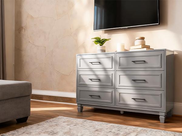 BERRY NEST Modern Minimalist Dresser for Bedroom, 47.2'' Wide Wood Grey Dresser with 6 Drawer, Farmhouse Chest of Drawers with Metal Handle, Closet Store Organizer for Living Room, Hallway