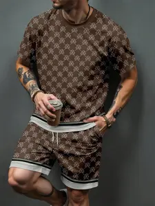Urban Luxury Men's Set Coffee Monogram Allover Print Color Block Trim Breathable Casual Two-Piece
