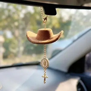 Faith Charm Cowboy Hat with Saint Mary Pendant and Sequins Decoration, Hanging Cross Amulet, Religious Accessory, Car Hanging Decoration, Car Ornament