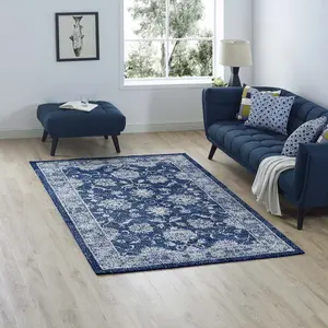 Modway Kazia Distressed Floral Lattice 5x8 Area Rug in Dark Blue and Ivory