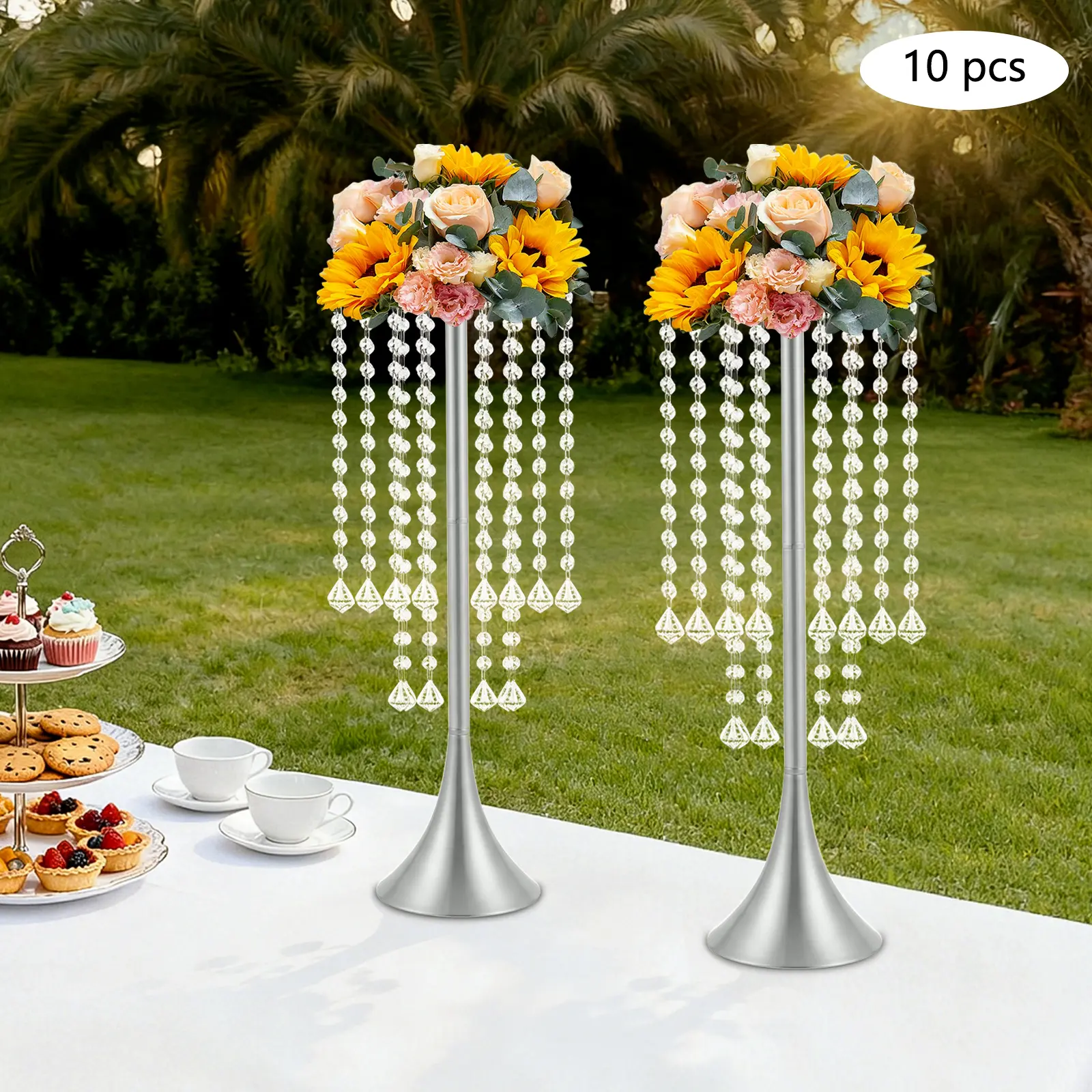 CNCEST Luxurious Acrylic Crysta 21.9" Tall Silver Trumpet Shape Tabletop Centerpiece for Weddings Parties Events Home Decor 10Pcs Durable Reusable Iron Vase