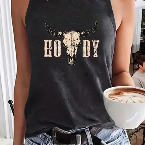 Women's Cow Head Print Round Neck Fitted Tank Top, Casual Fashion Sleeveless Crew Neck Top for Summer, Ladies Clothes for Daily Wear Womenswear