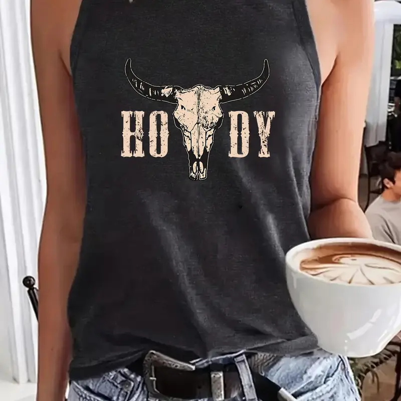 Women's Cow Head Print Round Neck Fitted Tank Top, Casual Fashion Sleeveless Crew Neck Top for Summer, Ladies Clothes for Daily Wear Womenswear
