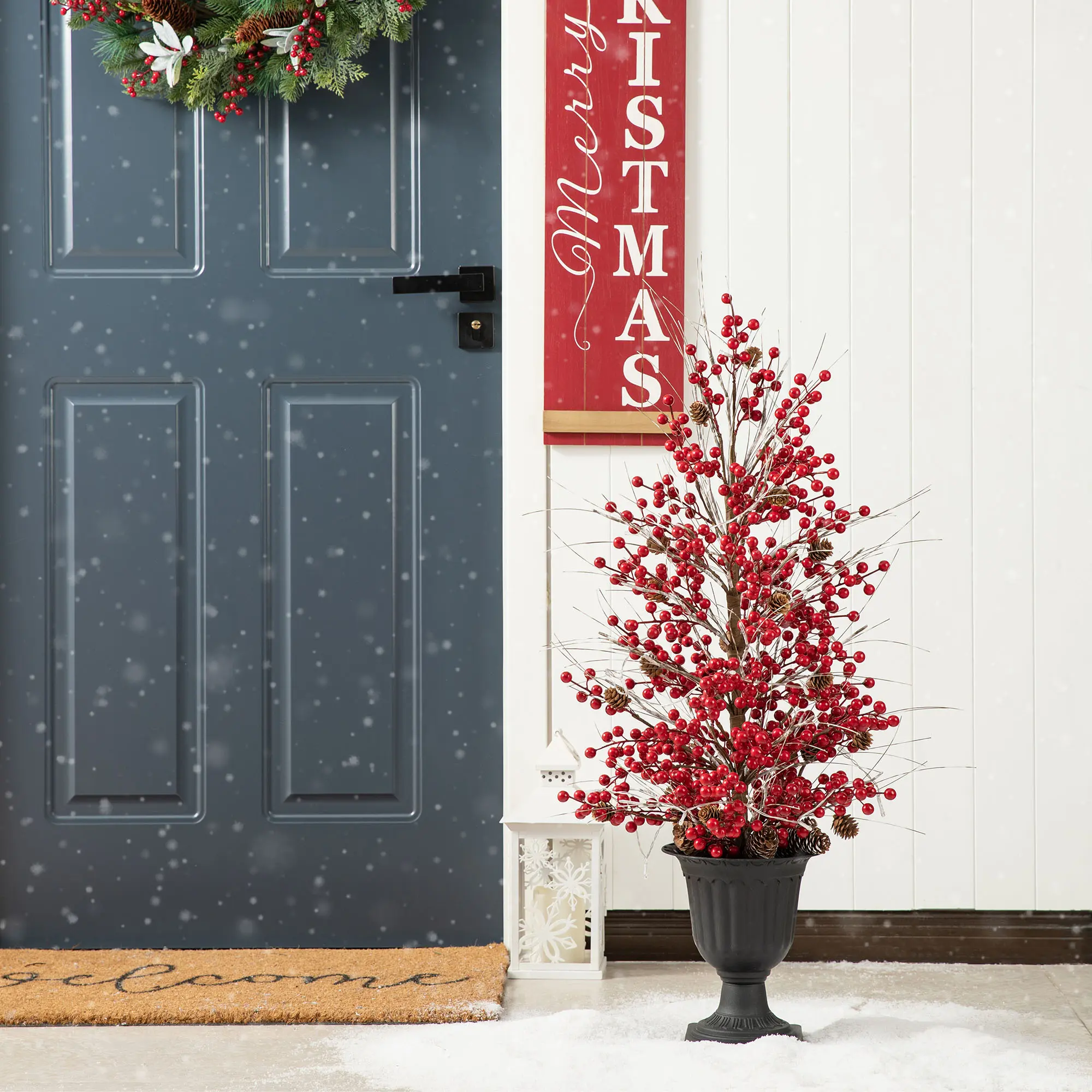 【Christmas in July】 Glitzhome 36"H Christmas Lighted Urn Porch Tree, 20 Warm White Lights with timer