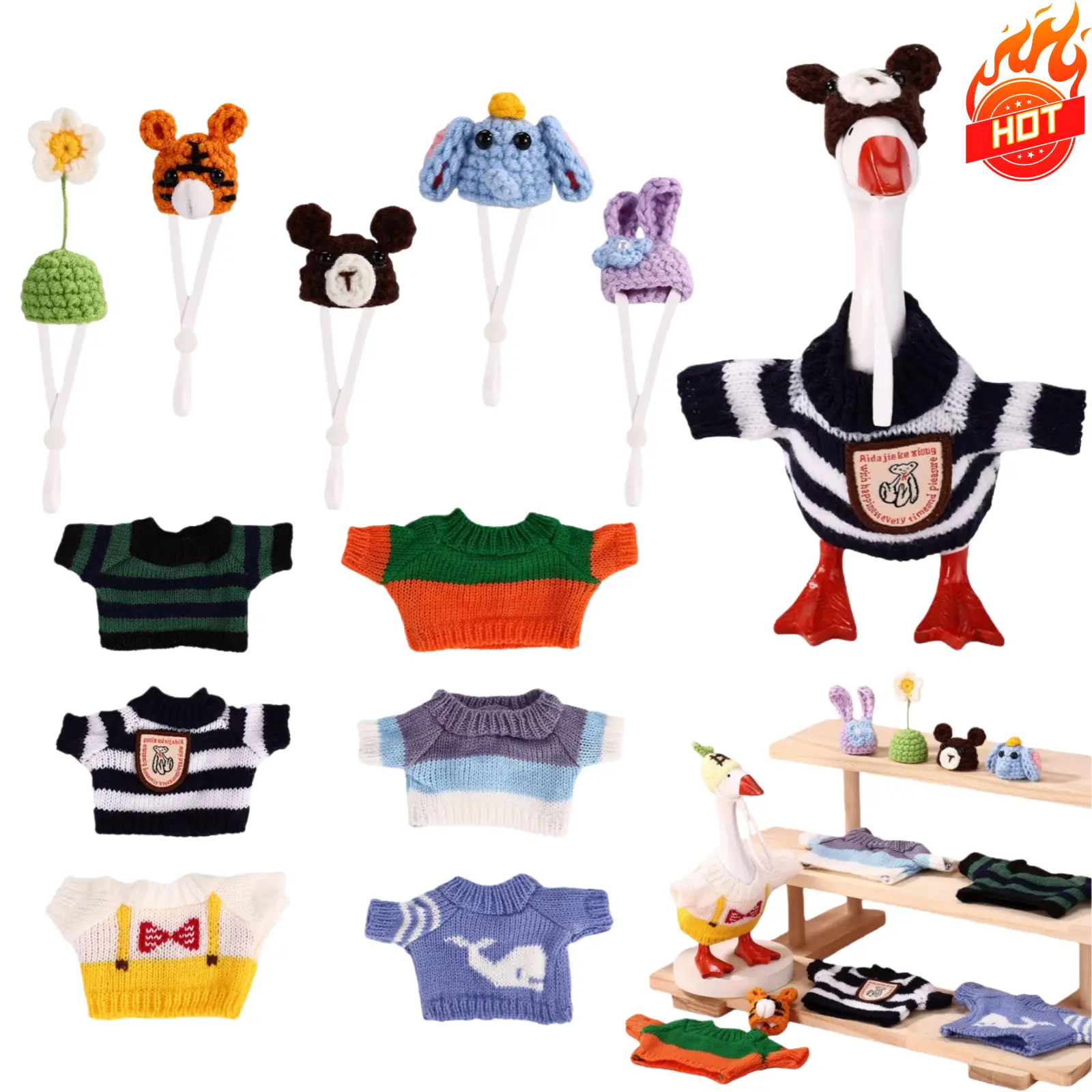 6 Sets Polyester Mini Desk Goose Knitting Outfits - Decorative Beanie & Wardrobe Collection for 7-in Figurine Decor, Home Office Decor Gift