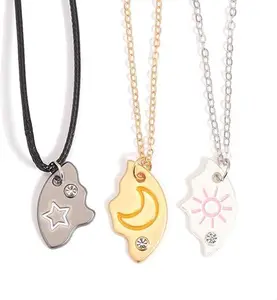 Magnetic Puzzle Necklace Set for 3, Sun, Moon & Star Design, Friendship Jewelry with Rhinestone, Ideal Gift for Best Friends & Sisters, Perfect for Birthday, Valentine's Day & Holiday Celebrations