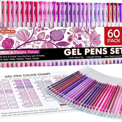 Shuttle Art 60-Pack Classic Gel Ink Pens & Refills Set - 30 Color-Coded Assorted Pens with 30 Matching Refills, Ballpoint Tip, Blue Tone & 50-Pack Metallic Tone Options for Adults' Coloring Books, Party Invites