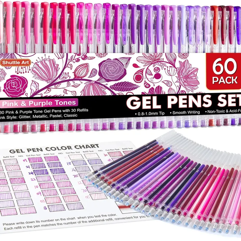 Shuttle Art 60-Pack Classic Gel Ink Pens & Refills Set - 30 Color-Coded Assorted Pens with 30 Matching Refills, Ballpoint Tip, Blue Tone & 50-Pack Metallic Tone Options for Adults' Coloring Books, Party Invites