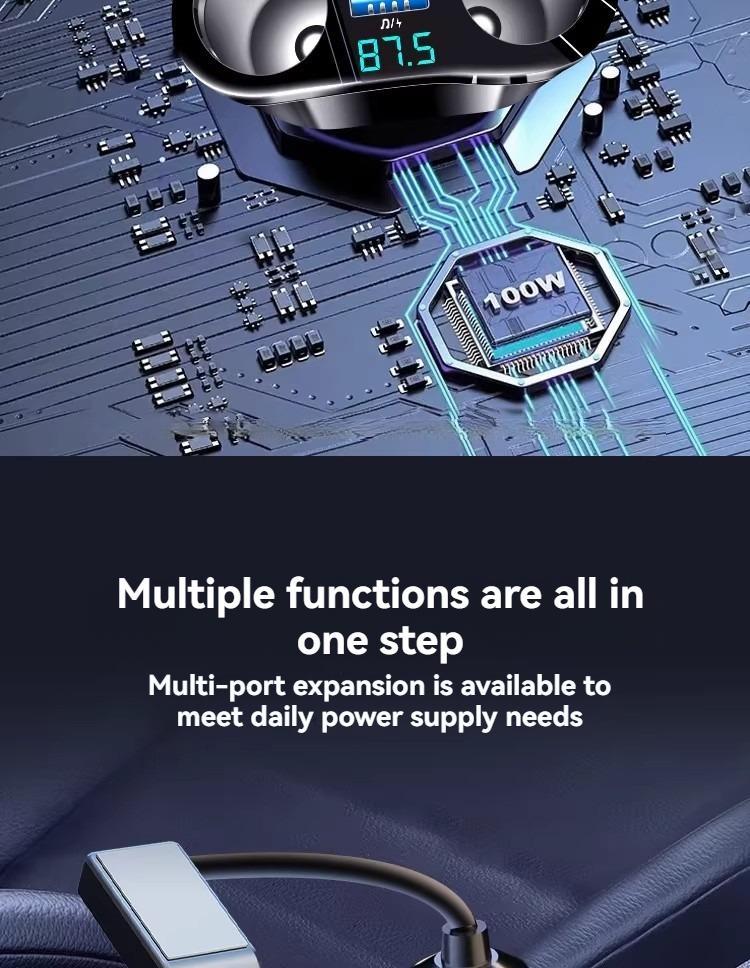 GYIOEUPT 7-in-1 Automotive Fast Charging Solution - 66W 1-to-2 Splitter Power Charger, Smart Car Charger with FM/MP3 Transmitter, Voltage Display, 12-24V DC Input, Expansion Port, Retractable Dash Mount, USB Car Connector, Anti-Lost Function