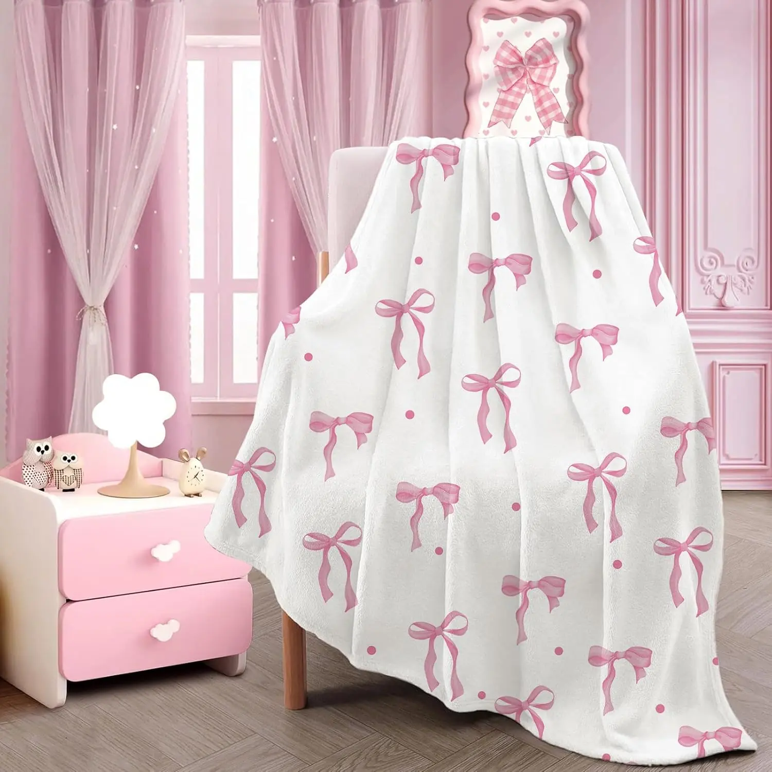 Bow Pattern Blanket, Soft Warm Throw Blanket, Air-conditioned Room Blanket, Flannel Fleece Blanket, Warm Nap Blanket for Home Office Travel, Room Acce