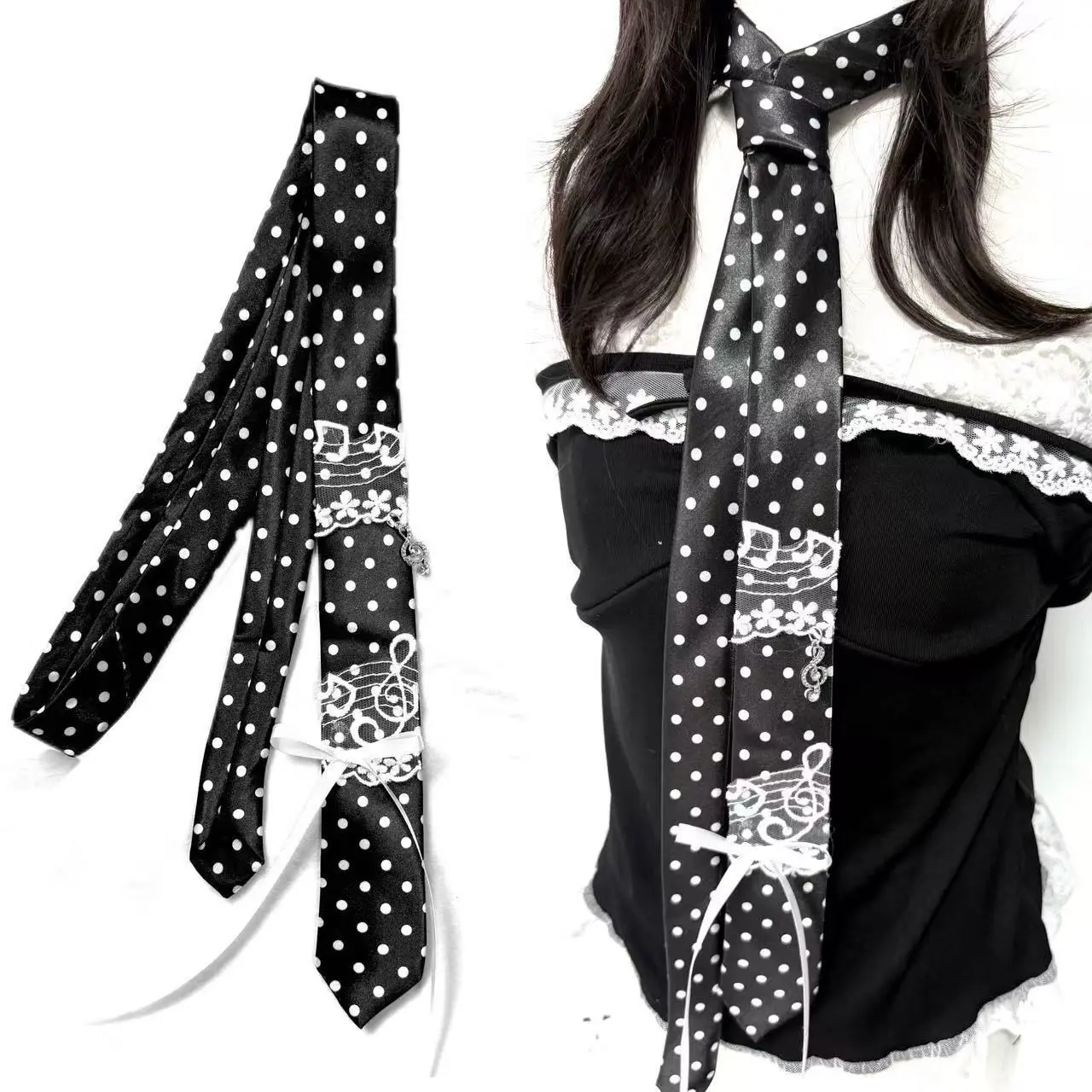 Vintage Black Silk Satin Necktie with Lace Trim, Jirai Kei Alt Polka Dot Music Note Print - Unisex Casual Boho Accessory for Neck or Waist, Casual Boho Tie, Unisex Clothes