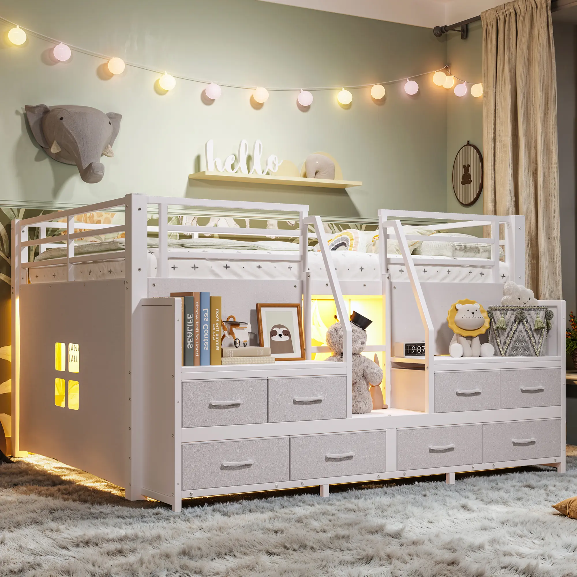 Full Low Loft Bed with Storage Stairs, Fabric Drawers, Shelves, and Built-in Lights, Metal Frame in White, Space-Saving Design for Kids, Teens, Dorms