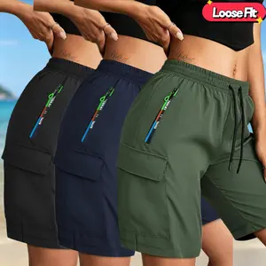 Summer Women's New Casual Cargo Shorts Knee-length Pants with Drawstring Waist, Gradient Zipper Pocket, Cargo Pocket, Lightweight for Daily Casual Wear