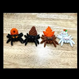 Handmade Seasonal Spider Set – Fall Pumpkin, Pinecone, Leaf & Holiday Dessert Figurines - set of 4