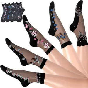 5 Pairs Women's mid-calf crystal silk stockings, spring and summer thin style, embroidered glass yarn women's socks, anti-slip socks,Womenswear